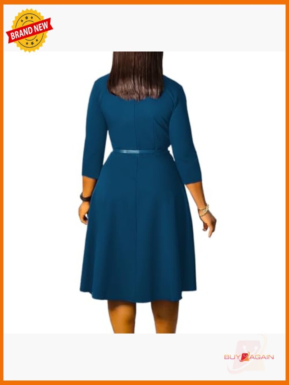 3/4 Sleeve A-Line Dress with Belt for Wedding Guest or Work - Picture 5 of 7